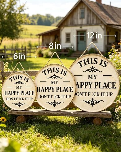 Happy Place - لافتة معدنية عتيقة، "This Is My Happy Place Don't Fuck It Up" ديكور حائط دائري للحديقة، لافتات ولوحات معلقة، ديكور منزلي مضحك للباب الأمامي (كبير) in Kuwait
