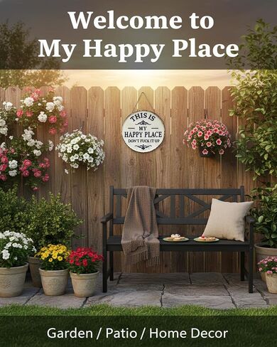 Happy Place - لافتة معدنية عتيقة، "This Is My Happy Place Don't Fuck It Up" ديكور حائط دائري للحديقة، لافتات ولوحات معلقة، ديكور منزلي مضحك للباب الأمامي (كبير) in Kuwait