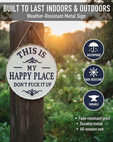 Happy Place - لافتة معدنية عتيقة، "This Is My Happy Place Don't Fuck It Up" ديكور حائط دائري للحديقة، لافتات ولوحات معلقة، ديكور منزلي مضحك للباب الأمامي (كبير) in Kuwait