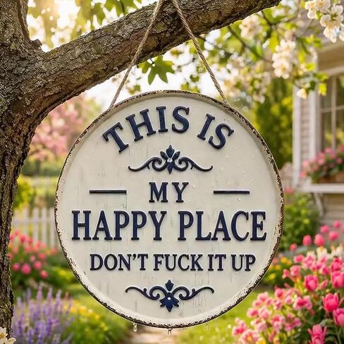 Happy Place - لافتة معدنية عتيقة، "This Is My Happy Place Don't Fuck It Up" ديكور حائط دائري للحديقة، لافتات ولوحات معلقة، ديكور منزلي مضحك للباب الأمامي (كبير) in Kuwait