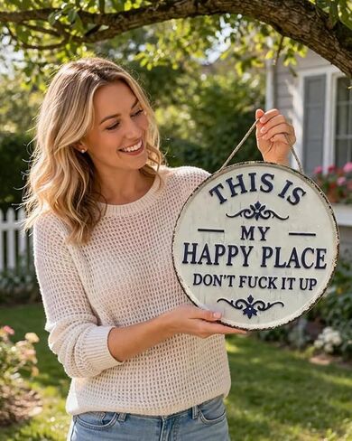 Happy Place - لافتة معدنية عتيقة، "This Is My Happy Place Don't Fuck It Up" ديكور حائط دائري للحديقة، لافتات ولوحات معلقة، ديكور منزلي مضحك للباب الأمامي (كبير) in Kuwait