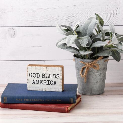 Primitives by Kathy God Bless America Sign for Home Décor, Natural Wood Block Sign, Rustic Style with Distressed Details, Hand Painted Art, 4 by 2.75 Inches, Designed for Wall or Tabletop Display in Kuwait
