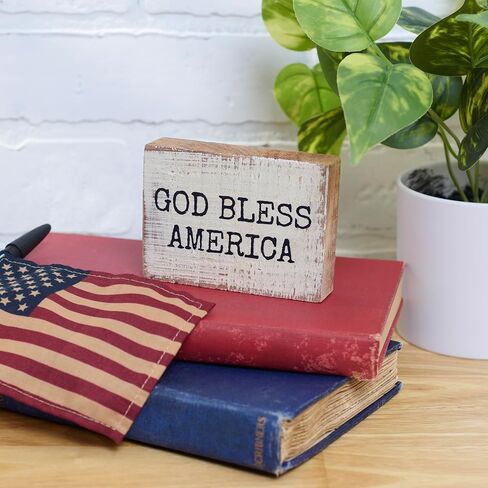 Primitives by Kathy God Bless America Sign for Home Décor, Natural Wood Block Sign, Rustic Style with Distressed Details, Hand Painted Art, 4 by 2.75 Inches, Designed for Wall or Tabletop Display in Kuwait