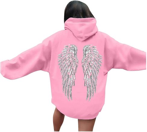 Women Angel Oversized Hoodies Sparkly Wing Long Sleeve Casual Pullover Sweatshirt Y2K Angel Hoodies With Pockets in Saudi Arabia
