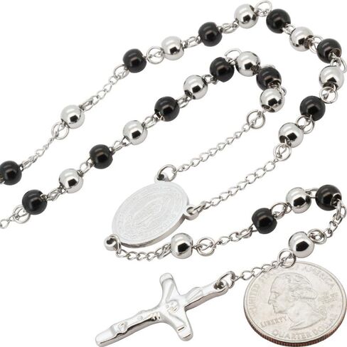 generic 316L Stainless Steel 18K Yellow/White/Black Gold Finish 4-8MM Rosary Bead Cross Chain Necklace For Men & Women 26″-30″ + 5.5″-6″ in Kuwait