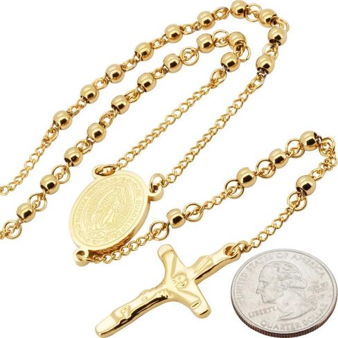 generic 316L Stainless Steel 18K Yellow/White/Black Gold Finish 4-8MM Rosary Bead Cross Chain Necklace For Men & Women 26″-30″ + 5.5″-6″ in Kuwait