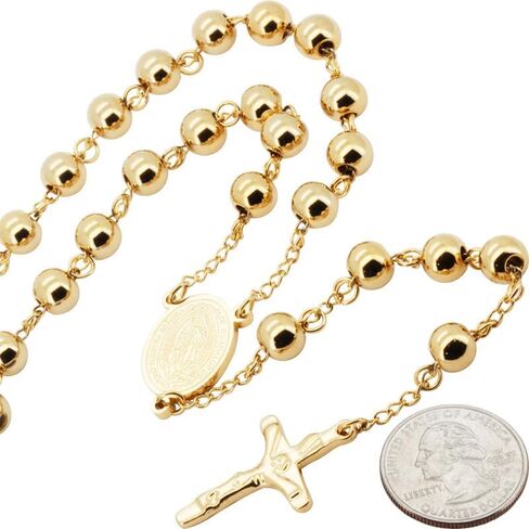 generic 316L Stainless Steel 18K Yellow/White/Black Gold Finish 4-8MM Rosary Bead Cross Chain Necklace For Men & Women 26″-30″ + 5.5″-6″ in Kuwait