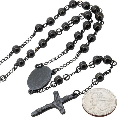 generic 316L Stainless Steel 18K Yellow/White/Black Gold Finish 4-8MM Rosary Bead Cross Chain Necklace For Men & Women 26″-30″ + 5.5″-6″ in Kuwait