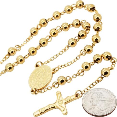 generic 316L Stainless Steel 18K Yellow/White/Black Gold Finish 4-8MM Rosary Bead Cross Chain Necklace For Men & Women 26″-30″ + 5.5″-6″ in Kuwait
