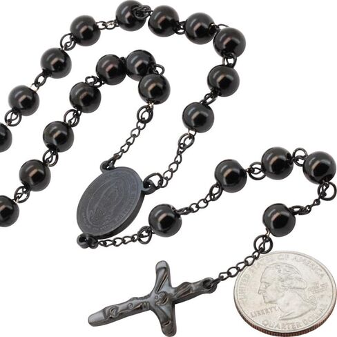 generic 316L Stainless Steel 18K Yellow/White/Black Gold Finish 4-8MM Rosary Bead Cross Chain Necklace For Men & Women 26″-30″ + 5.5″-6″ in Kuwait