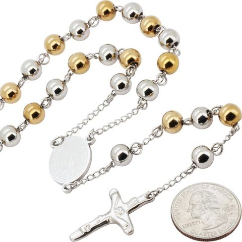 generic 316L Stainless Steel 18K Yellow/White/Black Gold Finish 4-8MM Rosary Bead Cross Chain Necklace For Men & Women 26″-30″ + 5.5″-6″ in Kuwait