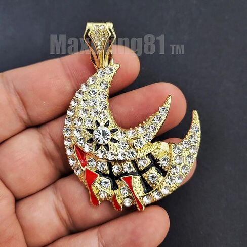 Hip Hop iced Jewelry Gold Silver Plated Soul Eater Moon Charm Cubic Zirconia Pendant & 15mm 16" 18" 20" 24" 30" Cuban Chain Necklace Gift in Saudi Arabia
