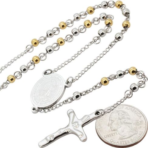 generic 316L Stainless Steel 18K Yellow/White/Black Gold Finish 4-8MM Rosary Bead Cross Chain Necklace For Men & Women 26″-30″ + 5.5″-6″ in Kuwait