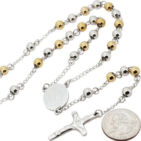 generic 316L Stainless Steel 18K Yellow/White/Black Gold Finish 4-8MM Rosary Bead Cross Chain Necklace For Men & Women 26″-30″ + 5.5″-6″ in Kuwait