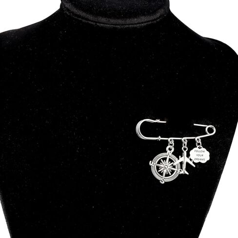 LQRI Future Pilot Gifts Flight Attendant Graduation Brooch Compass Charm Follow Your Dreams Safety Pin Brooch Aviation Gifts in Kuwait