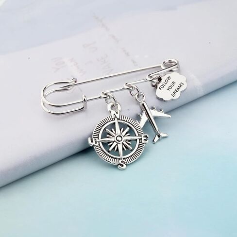 LQRI Future Pilot Gifts Flight Attendant Graduation Brooch Compass Charm Follow Your Dreams Safety Pin Brooch Aviation Gifts in Kuwait