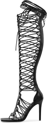 Gladiator Sandals High Heeled Open Toe Peep Toe Heels for Women Summer Lace up Knee High Bootie in Saudi Arabia