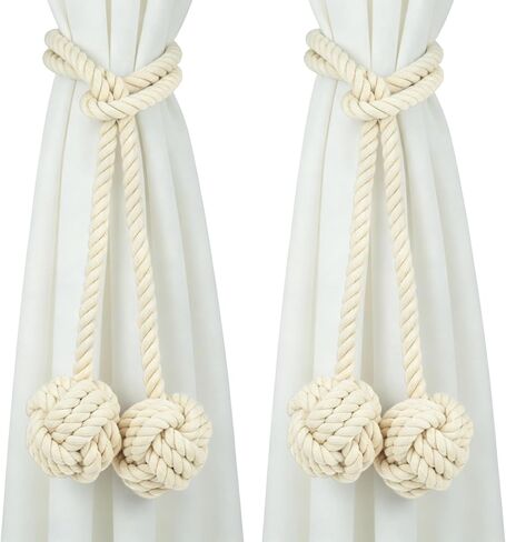 2 Pack Rope Curtain Tiebacks Cotton Ball Holdbacks, Beige, 47" | Handmade Woven Cotton Rope, Ball Design, Heavy Duty, Decorative Holdbacks, Living room, Bedroom, Kitchen, Outdoor in Saudi Arabia