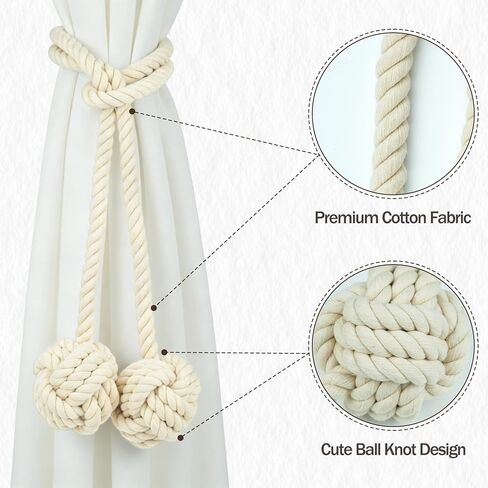 2 Pack Rope Curtain Tiebacks Cotton Ball Holdbacks, Beige, 47" | Handmade Woven Cotton Rope, Ball Design, Heavy Duty, Decorative Holdbacks, Living room, Bedroom, Kitchen, Outdoor in Saudi Arabia