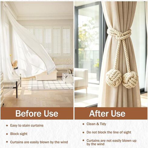 2 Pack Rope Curtain Tiebacks Cotton Ball Holdbacks, Beige, 47" | Handmade Woven Cotton Rope, Ball Design, Heavy Duty, Decorative Holdbacks, Living room, Bedroom, Kitchen, Outdoor in Saudi Arabia