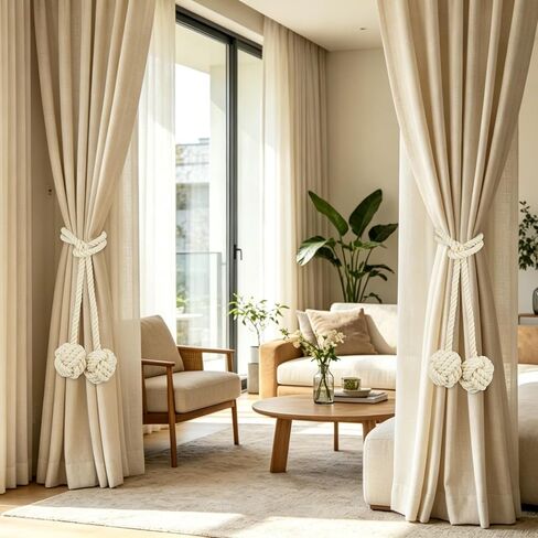 2 Pack Rope Curtain Tiebacks Cotton Ball Holdbacks, Beige, 47" | Handmade Woven Cotton Rope, Ball Design, Heavy Duty, Decorative Holdbacks, Living room, Bedroom, Kitchen, Outdoor in Saudi Arabia