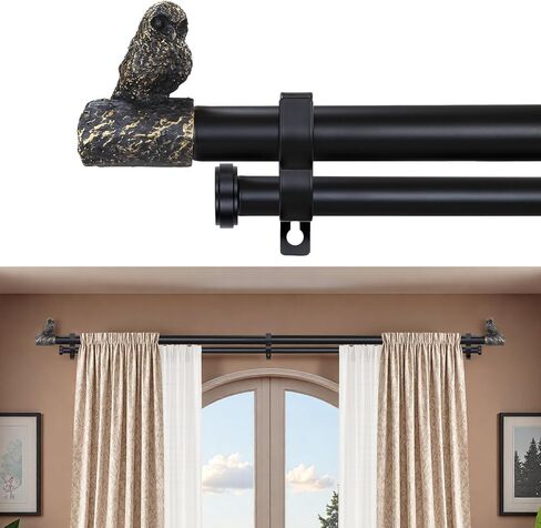 1-Inch Diameter Double Curtain Rods for Windows 20 to 112 Inch,Adjustable Black Gold Bird Owl Finials Vintage Decorative Curtain Rod Set in Saudi Arabia