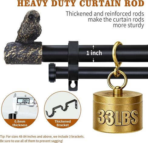 1-Inch Diameter Double Curtain Rods for Windows 20 to 112 Inch,Adjustable Black Gold Bird Owl Finials Vintage Decorative Curtain Rod Set in Saudi Arabia
