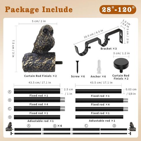 1-Inch Diameter Double Curtain Rods for Windows 20 to 112 Inch,Adjustable Black Gold Bird Owl Finials Vintage Decorative Curtain Rod Set in Saudi Arabia