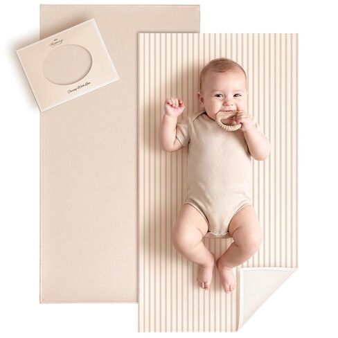 Konssy Faux Leather Baby Change Shange 2 Pack ، مقاوم للماء ، وسادة تغيير حفاضات قابلة للمسح ومحمولة للسفر أو المنزل ، حصيرة قابلة للطي بشكل مثالي في كيس حفاضات ، 30 × 17 بوصة (بني ، بيج) in Kuwait