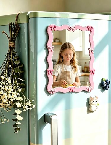 Pink Bow Magnetic Locker Mirror 5" x 7" Small Real Glass Makeup Mirror with Magnetic Backing Lockers Decoration Lockers Accessories for Girls Refrigerator Bathroom, Dorm, Office Cabinet in Kuwait