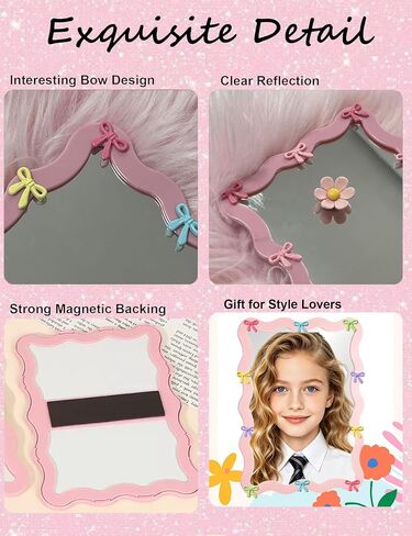 Pink Bow Magnetic Locker Mirror 5" x 7" Small Real Glass Makeup Mirror with Magnetic Backing Lockers Decoration Lockers Accessories for Girls Refrigerator Bathroom, Dorm, Office Cabinet in Kuwait