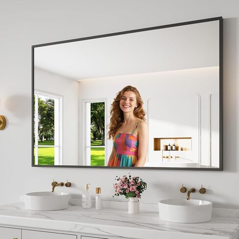 Bathroom Mirror 36"x55" Matte Black Rectangle Bathroom Wall Mirror for Over Sink, Modern Large Vanity Mirror, HD Tempered Glass, Anti-Rust Aluminum Alloy Frame, for Living Room, Bedroom, Entryway in Saudi Arabia