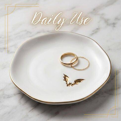 InnoBeta Bat gifts, Halloween Goth gifts, Bat Decorative Trinket Dish, 4.75" Handcrafted Ceramic Ring Dish with Gold Trim, Birthday Gift for Women in Saudi Arabia