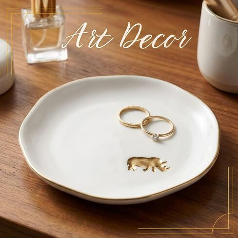 InnoBeta Rhino Rhinoceros Gifts, Rhino Decorative Trinket Dish, 4.75" Handcrafted Ceramic Ring Dish with Gold Trim, Birthday Gifts for Women in Saudi Arabia