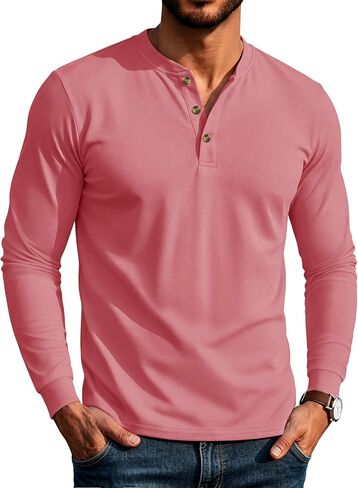 MAGCOMSEN Men's Henley Long Sleeve Shirts Cotton 3-Button Casual Stylish T-Shirts Basic Solid Color Pullover Shirt in Kuwait