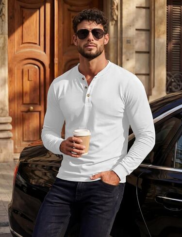 MAGCOMSEN Men's Henley Long Sleeve Shirts Cotton 3-Button Casual Stylish T-Shirts Basic Solid Color Pullover Shirt in Kuwait