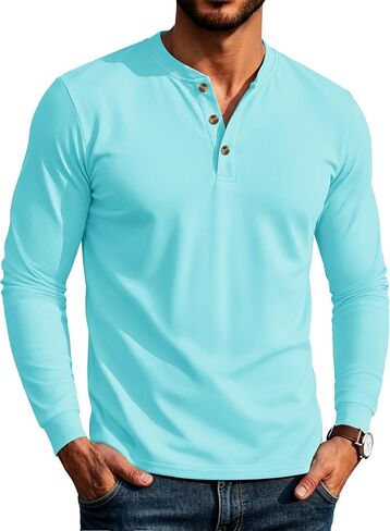 MAGCOMSEN Men's Henley Long Sleeve Shirts Cotton 3-Button Casual Stylish T-Shirts Basic Solid Color Pullover Shirt in Kuwait