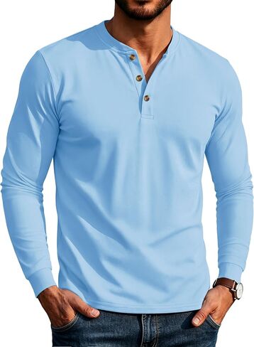 MAGCOMSEN Men's Henley Long Sleeve Shirts Cotton 3-Button Casual Stylish T-Shirts Basic Solid Color Pullover Shirt in Kuwait