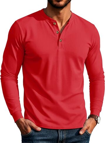 MAGCOMSEN Men's Henley Long Sleeve Shirts Cotton 3-Button Casual Stylish T-Shirts Basic Solid Color Pullover Shirt in Kuwait