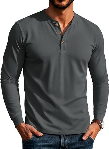 MAGCOMSEN Men's Henley Long Sleeve Shirts Cotton 3-Button Casual Stylish T-Shirts Basic Solid Color Pullover Shirt in Kuwait