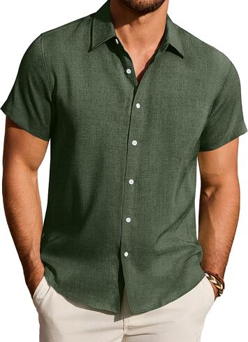 DEMEANOR Mens Linen Shirts Short Sleeve Casual Wrinkle Free Button Down Shirt Lightweight Beach Vacation Summer Wedding Tops in Saudi Arabia