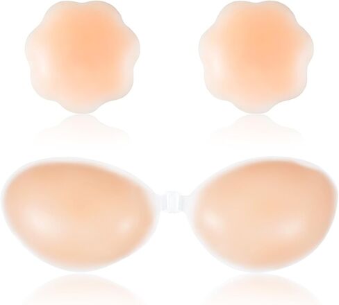 Qianyu Adhesive Bra Invisible Silicone Sticky Bras Strapless Backless Push Up Bra Push Up Adhesive Bras with Nipple Covers for Women's Backless Dress Light Pink in Kuwait