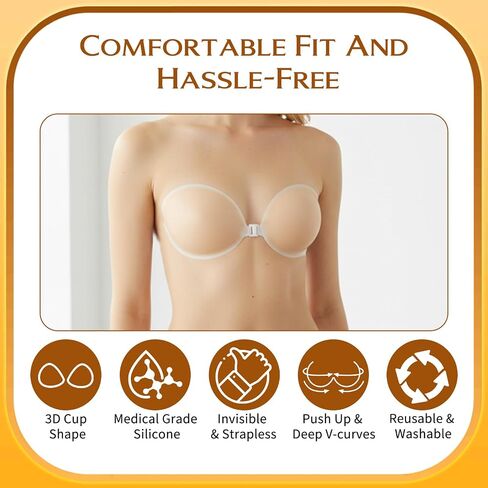 Qianyu Adhesive Bra Invisible Silicone Sticky Bras Strapless Backless Push Up Bra Push Up Adhesive Bras with Nipple Covers for Women's Backless Dress Light Pink in Kuwait