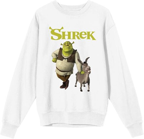 قميص من النوع الثقيل Bioworld Shrek Donkey & Shrek برقبة دائرية وأكمام طويلة باللون الأبيض للجنسين in Kuwait