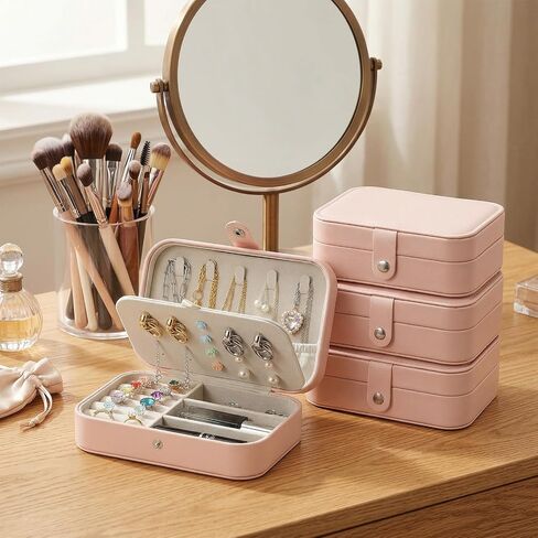4 Pcs Small Pink Travel Jewelry Box Set, Pink Travel Jewelry Case With Initial Customizable, PU Leather Small Pink Travel Jewelry Case Organizer For Rings Necklaces Earrings For Women Girls in Saudi Arabia