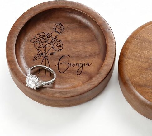 Personalized Walnut Wood Ring Dish, Custom Round Engraved Jewelry Dish with Name, Wooden Jewelry Tray for Engagement Wedding, Small Trinket Dish for Nightstand, Anniversary in Kuwait