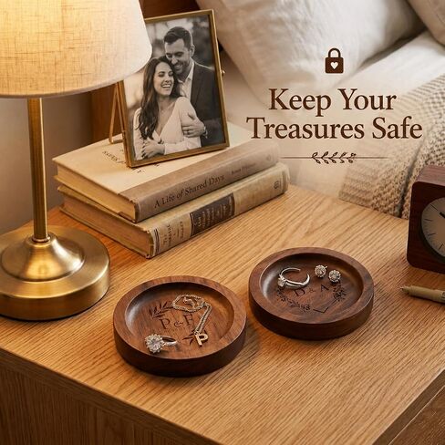 Personalized Walnut Wood Ring Dish, Custom Round Engraved Jewelry Dish with Name, Wooden Jewelry Tray for Engagement Wedding, Small Trinket Dish for Nightstand, Anniversary in Kuwait