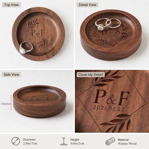 Personalized Walnut Wood Ring Dish, Custom Round Engraved Jewelry Dish with Name, Wooden Jewelry Tray for Engagement Wedding, Small Trinket Dish for Nightstand, Anniversary in Kuwait