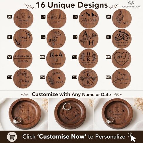 Personalized Walnut Wood Ring Dish, Custom Round Engraved Jewelry Dish with Name, Wooden Jewelry Tray for Engagement Wedding, Small Trinket Dish for Nightstand, Anniversary in Kuwait