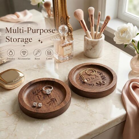 Personalized Walnut Wood Ring Dish, Custom Round Engraved Jewelry Dish with Name, Wooden Jewelry Tray for Engagement Wedding, Small Trinket Dish for Nightstand, Anniversary in Kuwait